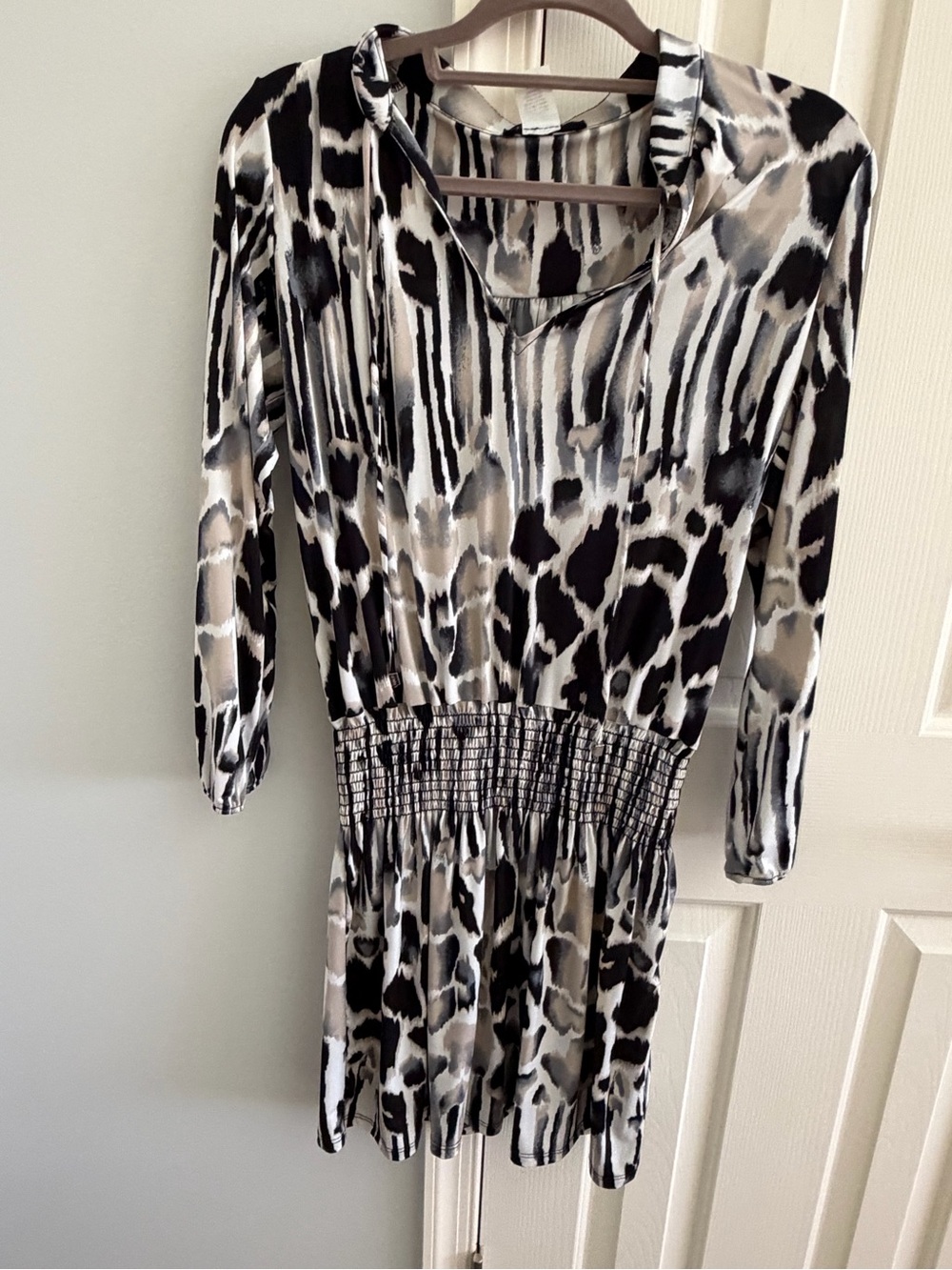 Ariella Long-Sleeve Abstract Animal Print Dress in Black & Cream